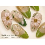 New‑Chinese Style 3D Pink Flower Press‑On Nails, Nude Green French Tips with Gold Foil & Gold Beads, Medium‑Long Almond False Nails